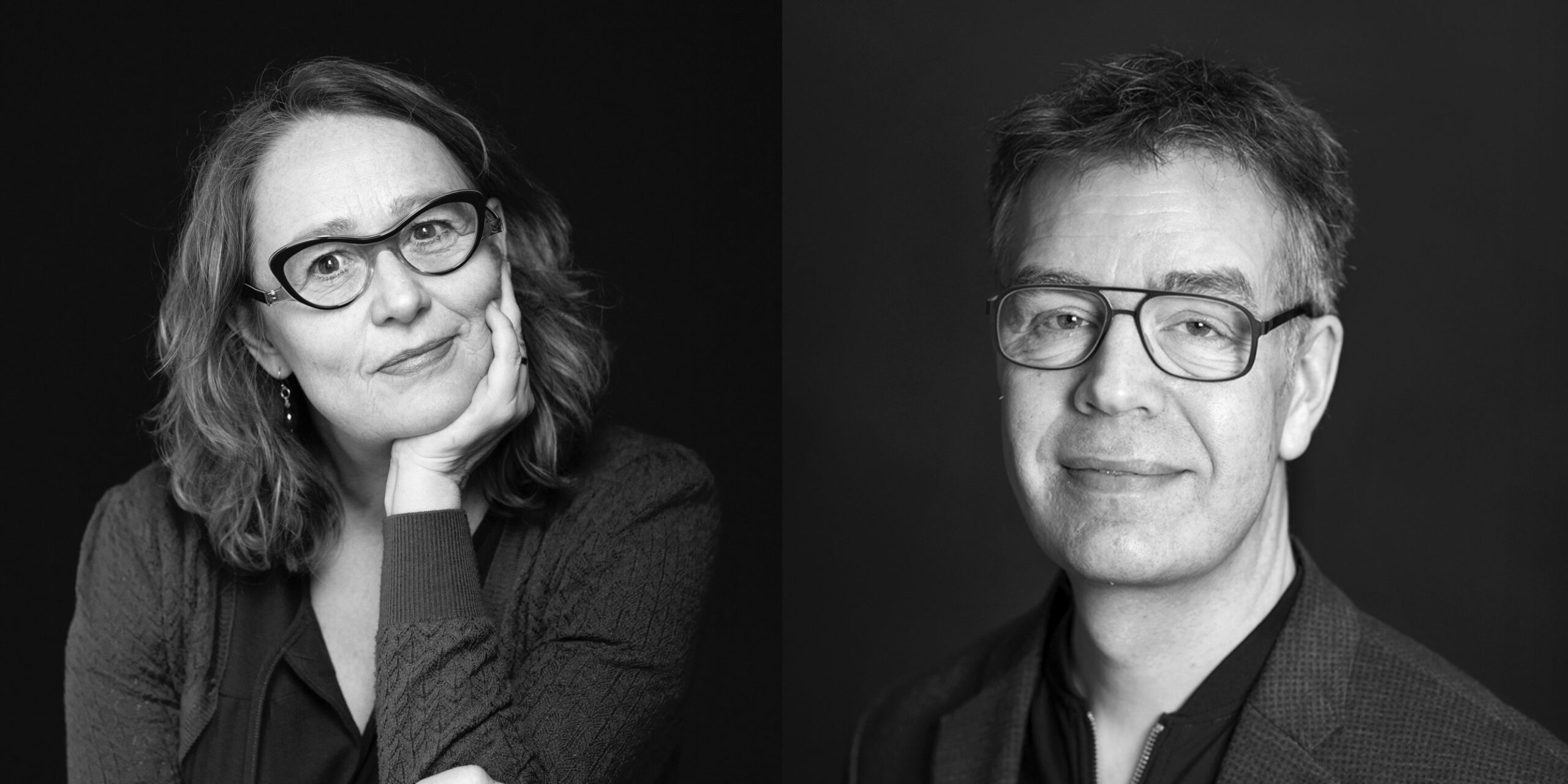 Profilbilleder i sort-hvid af facilitatorerne, Hanne og Morten