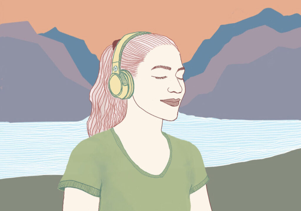 Illustration af kvinde med hovedtelefoner. Med sø og fjelde i baggrunden.