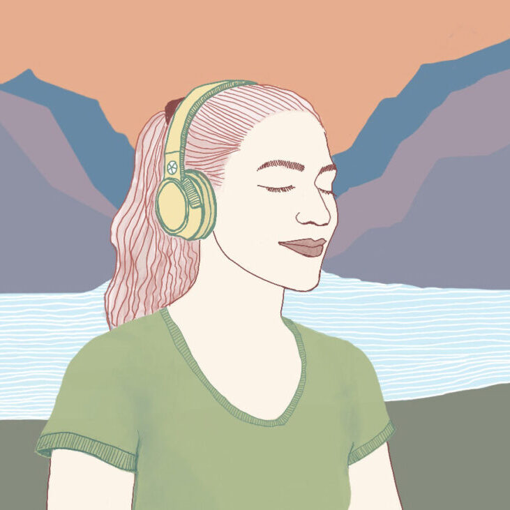 Illustration af kvinde med hovedtelefoner. Med sø og fjelde i baggrunden.