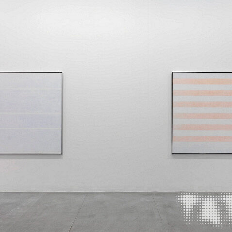 Installation photograph of Agnes Martin's 'Happy Holiday' and 'Faraway Love' at Tate Modern's Agnes Martin Exhibition, 2015.