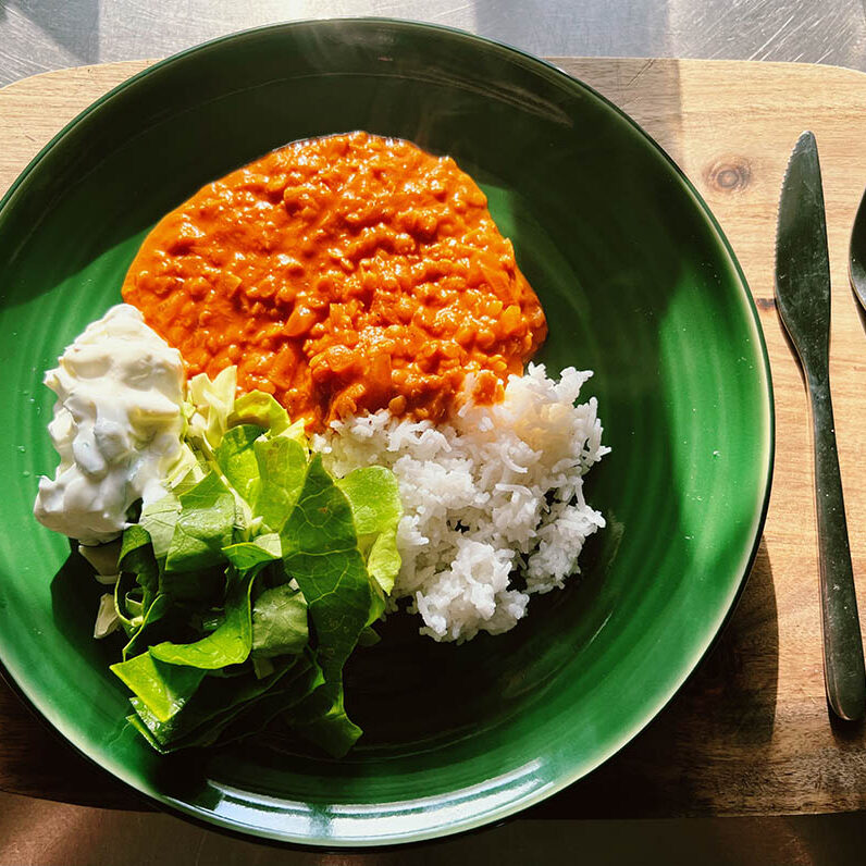 Dahl, ris, raita og salat